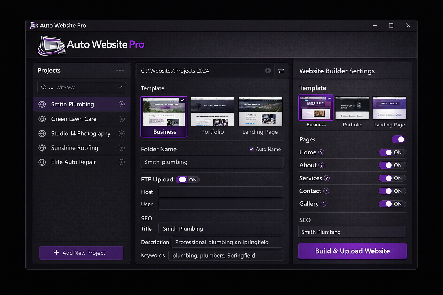 Auto Website Pro software showing a project list on the left and the multi-page website builder settings panel on the right with template picker, page toggles, FTP upload and SEO fields